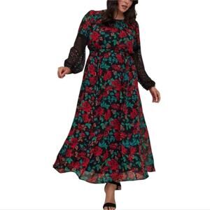 Torrid‎ Chiffon Maxi Peasant Lace Sleeve Floral Dress Black Red Plus Size 2x NEW